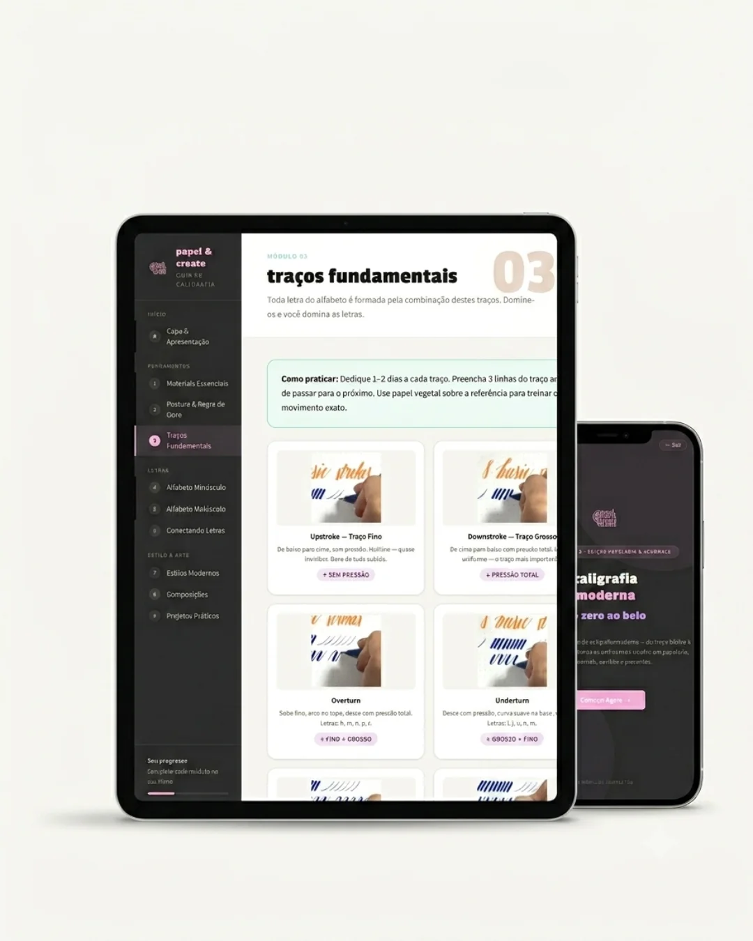 Mockup da ferramenta web de prática de caligrafia em tablet — Papel & Create