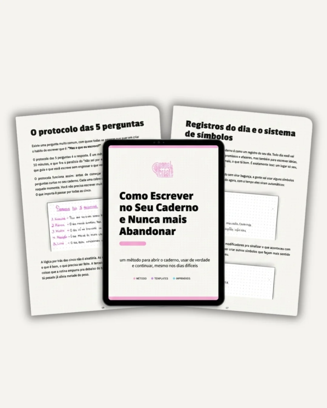 Mockup do guia completo em PDF — método de journaling Papel & Create