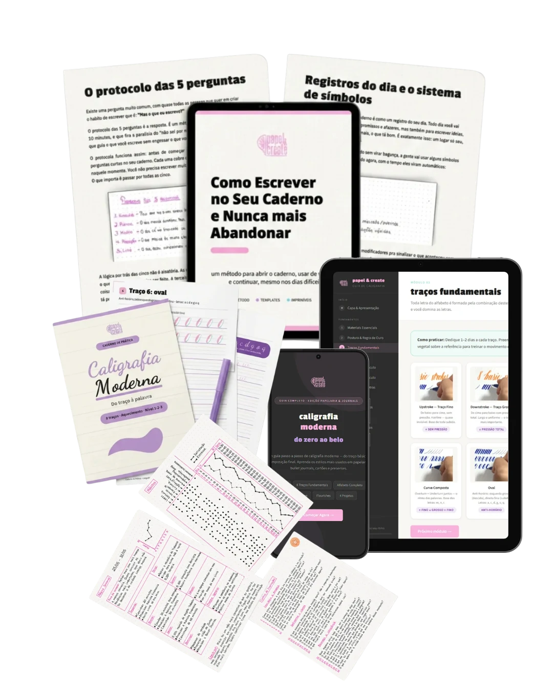 Mockup de todos os entregáveis: guia, caderno de prática de caligrafia, ferramenta web e imprimíveis